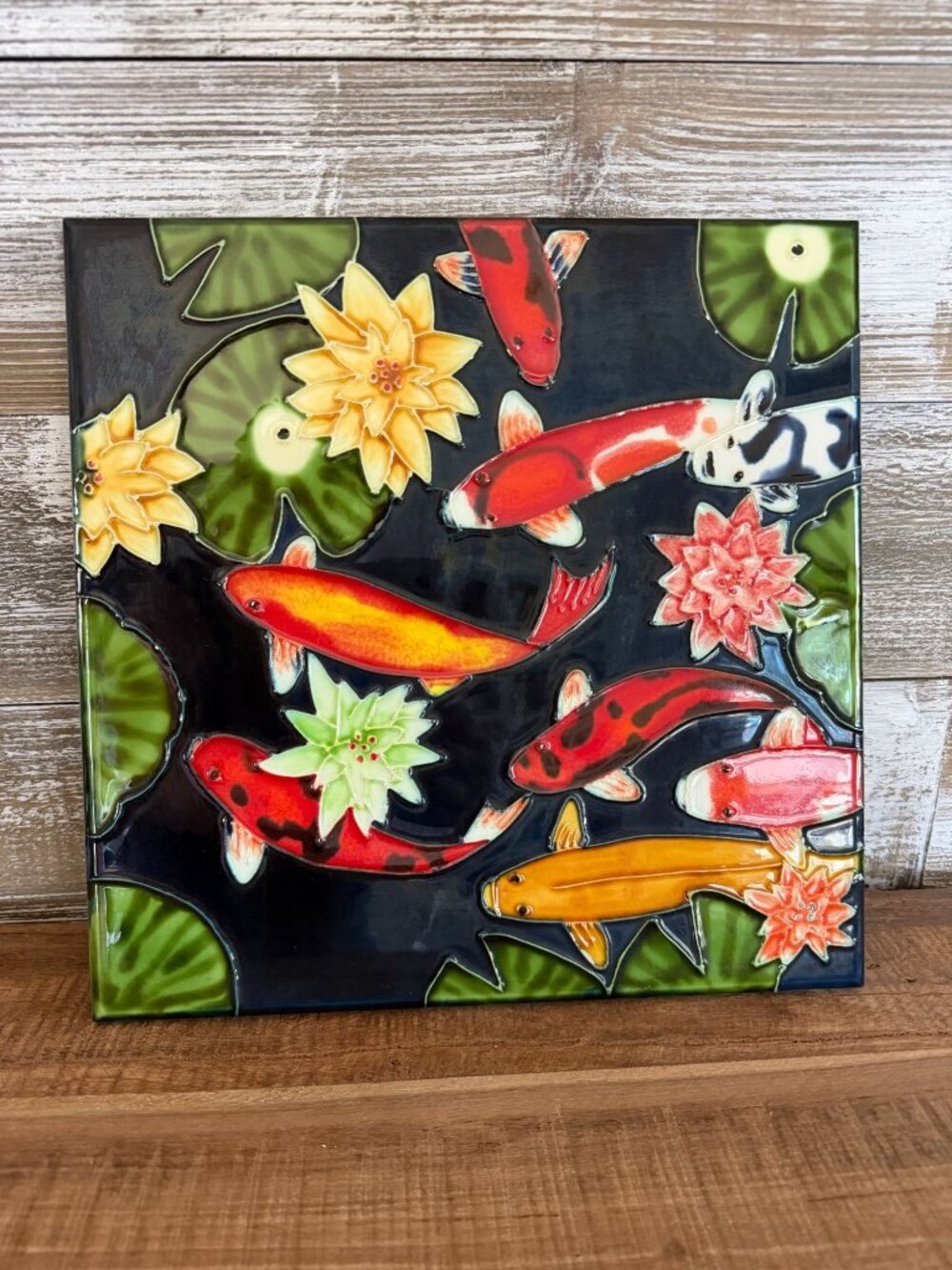 Decorative Hand-Painted Ceramic Tile Colorful Koi Fish Lotus Flowers Wall Art